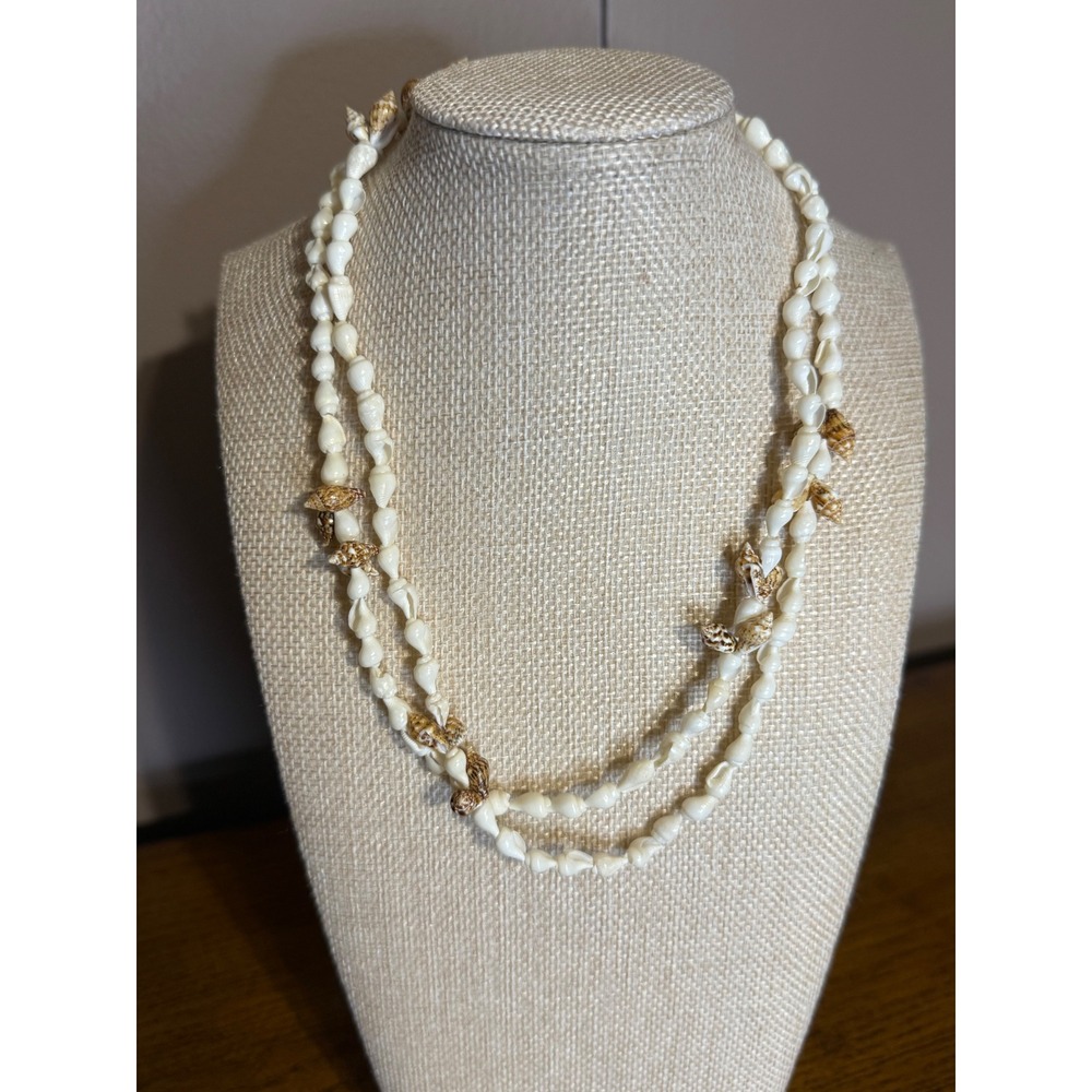 Vintage Long Puka Shell Necklace White Brown Beach Boho Layering Strand 32 Inch